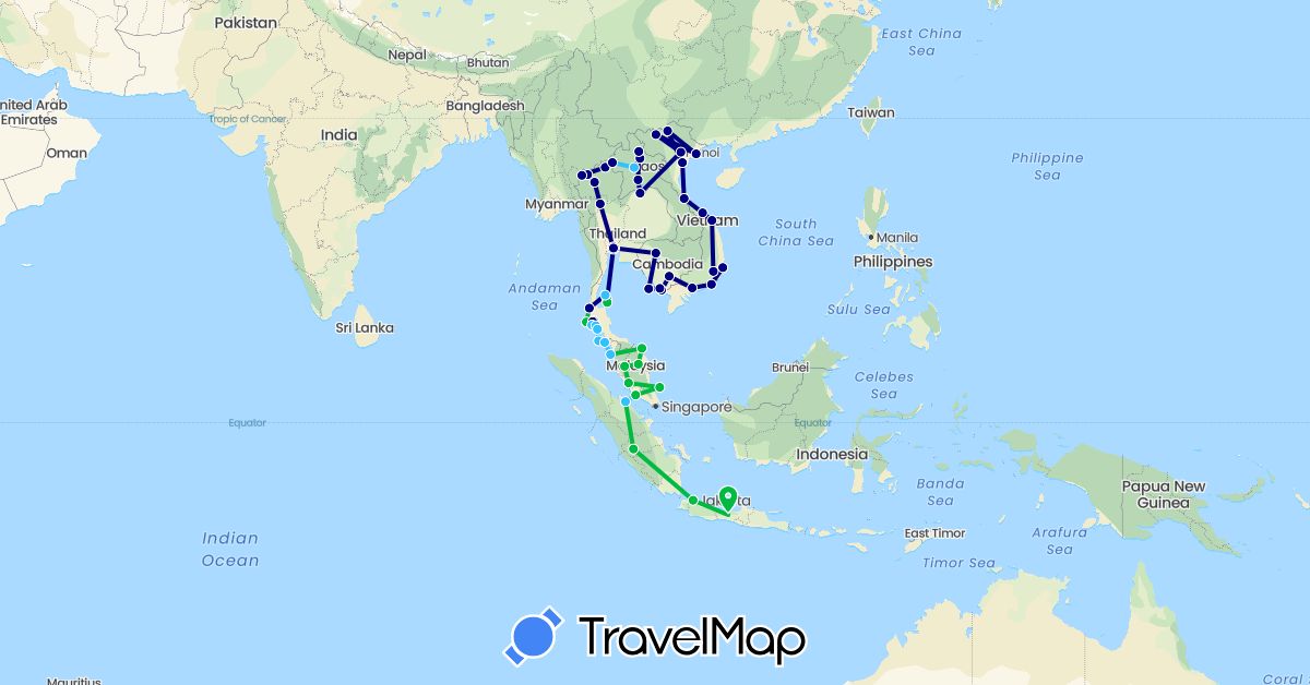 TravelMap itinerary: driving, bus, boat in Indonesia, Cambodia, Laos, Malaysia, Thailand, Vietnam (Asia)